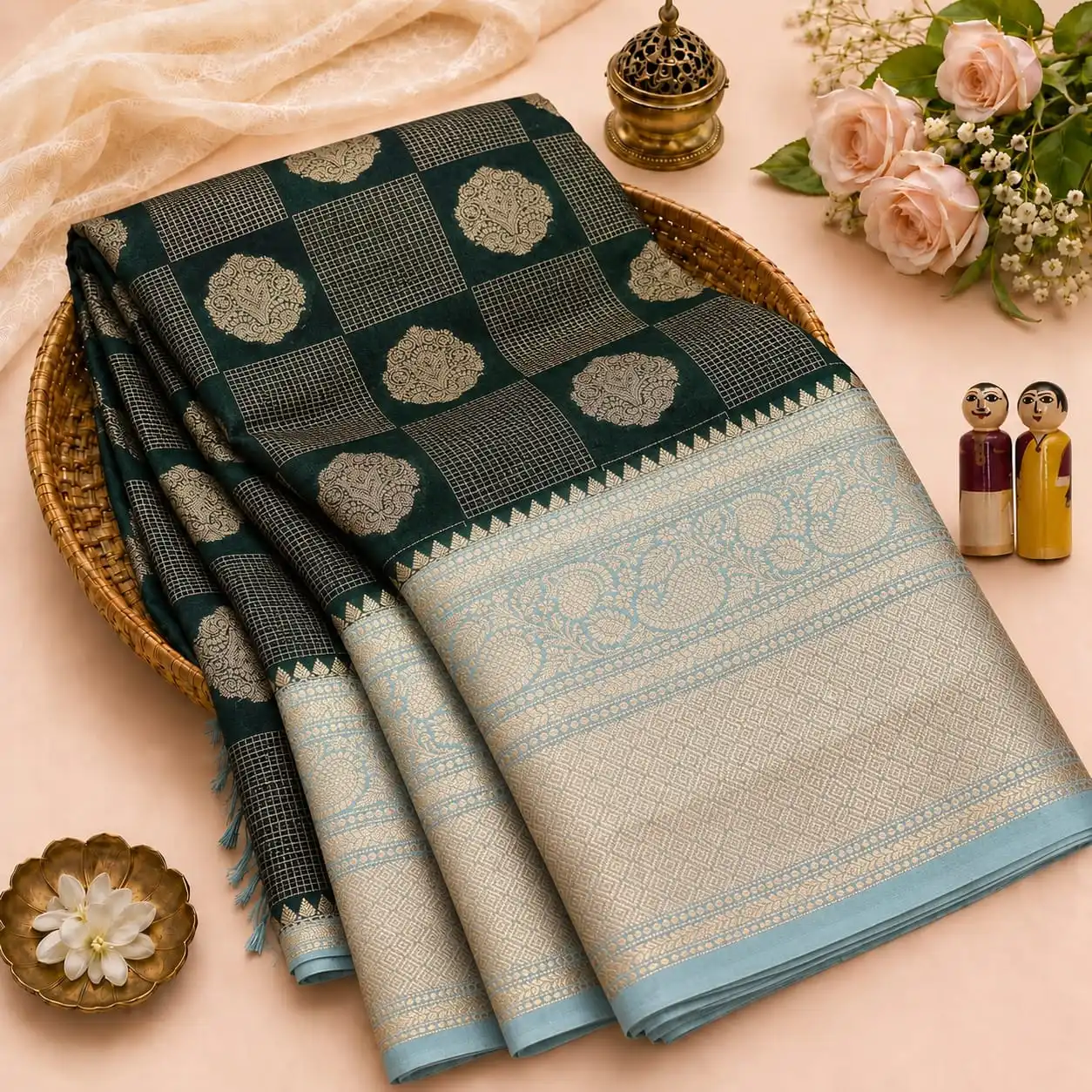 Traditional Round Motif & Grid Check Semi Silk Saree